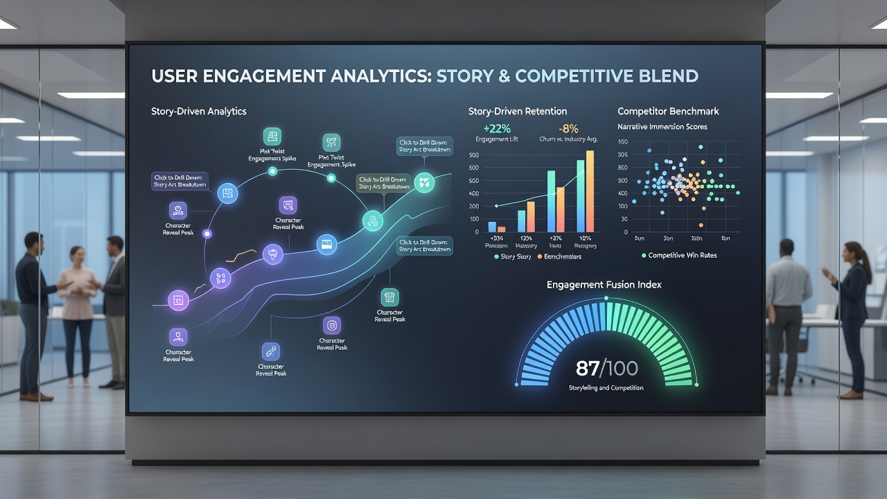 Analytics dashboard showing user engagement metrics for story-integrated competitive games across mobile, PC, and console platforms