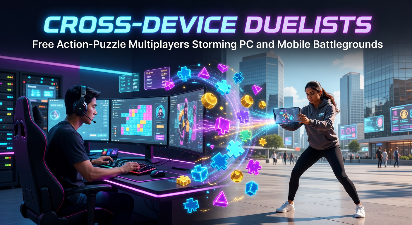 Intense duel between PC player and mobile user in a vibrant action-puzzle arena, chains of colorful blocks exploding mid-match