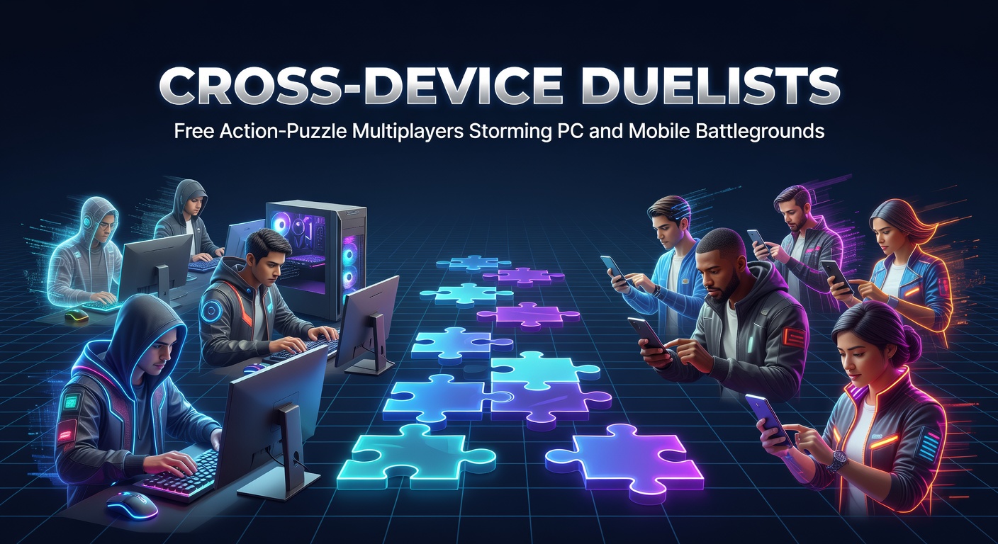 Diverse group of gamers huddled around mixed devices, screens showing synchronized puzzle duels and leaderboards