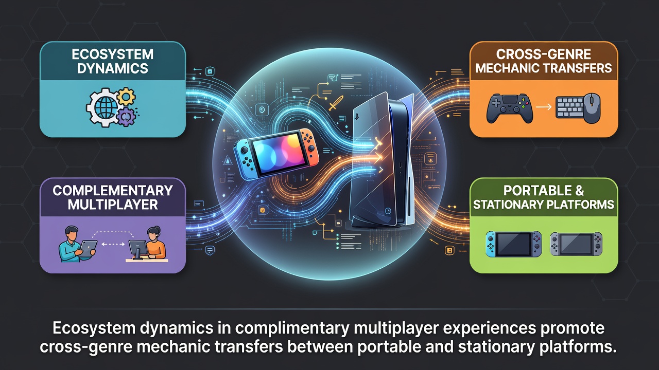 Illustration of interconnected gaming ecosystems showing mobile and stationary platforms with shared multiplayer elements and mechanic flows
