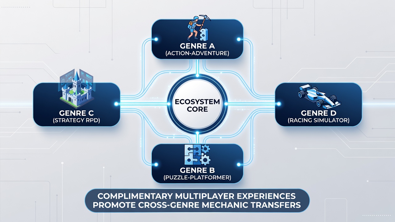 Diagram depicting data flows and mechanic adaptations between handheld and desktop multiplayer environments