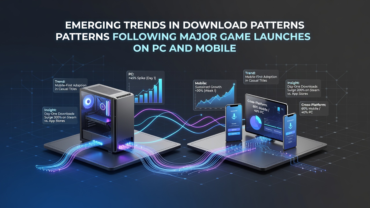 Graphs and charts illustrating download spikes on PC and mobile platforms right after major game launches in 2026