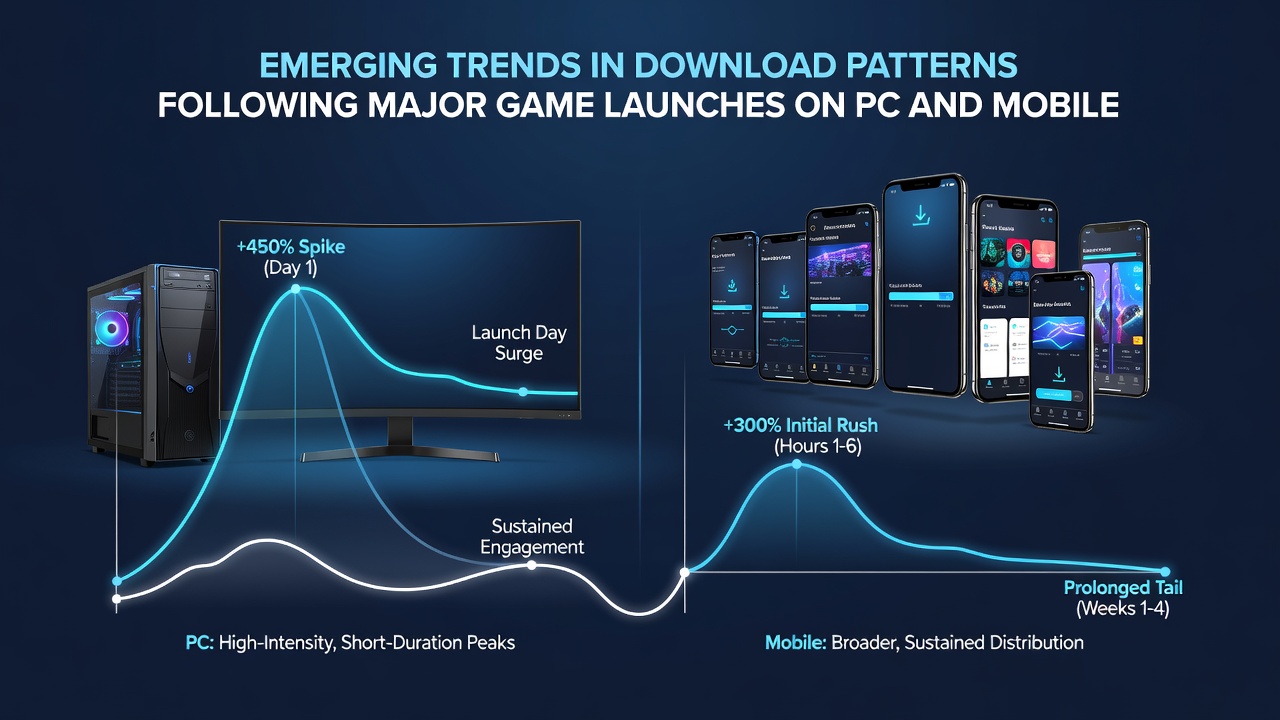 Heatmap visualization comparing retention rates and download decay patterns between PC and mobile after 2026 game releases