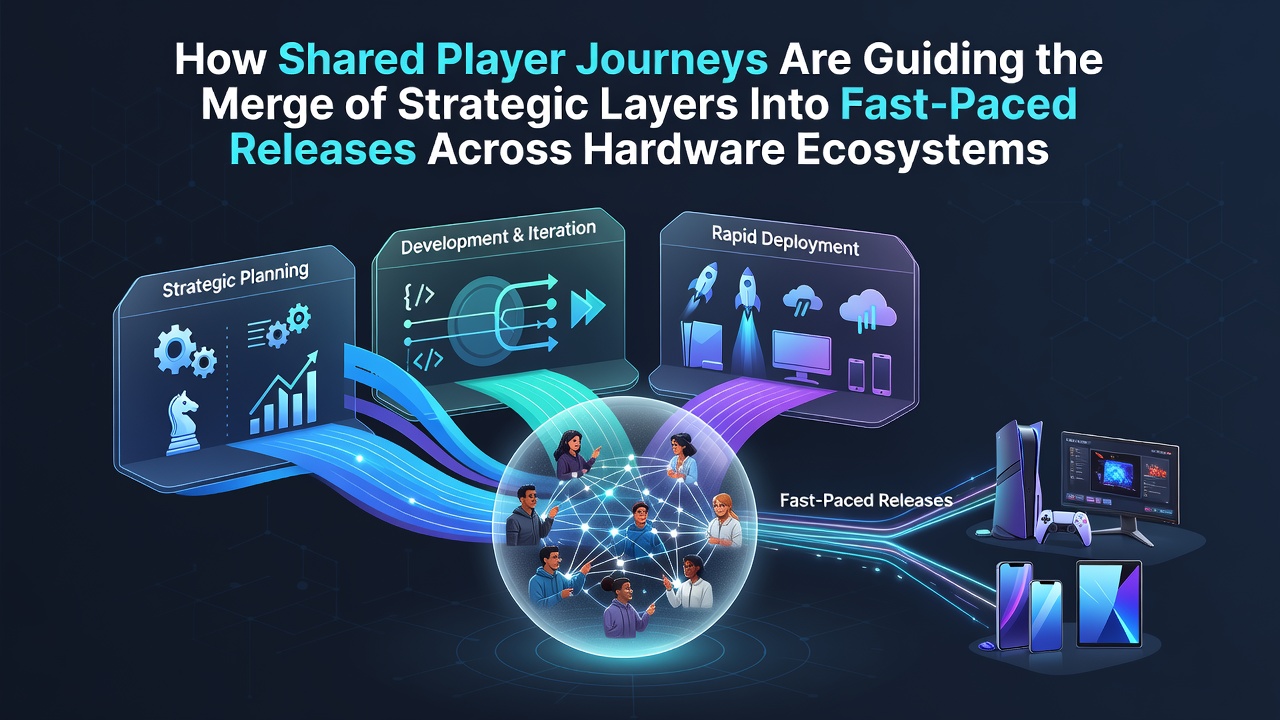 Illustration of shared player journeys across devices showing strategy layers merging into fast-paced gameplay