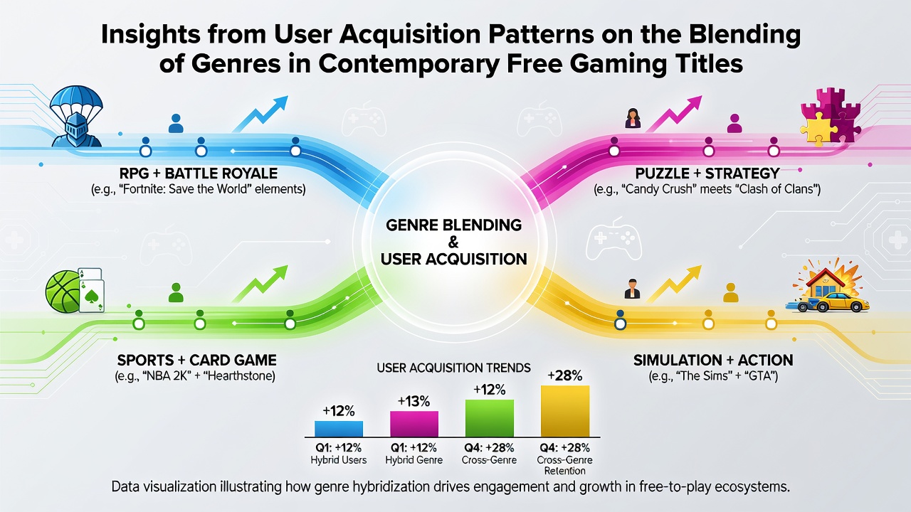 Visual representation of user acquisition data showing genre blends in free gaming titles across platforms
