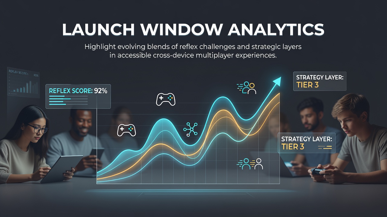 Analytics dashboard displaying launch metrics for cross-device multiplayer games blending reflex and strategy elements