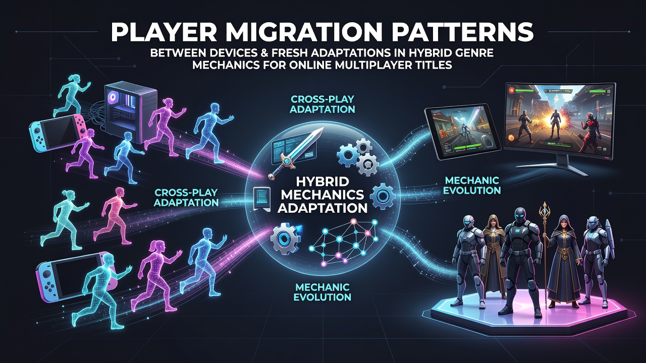 Illustration showing players switching between mobile and desktop devices during online multiplayer sessions with hybrid puzzle and action elements