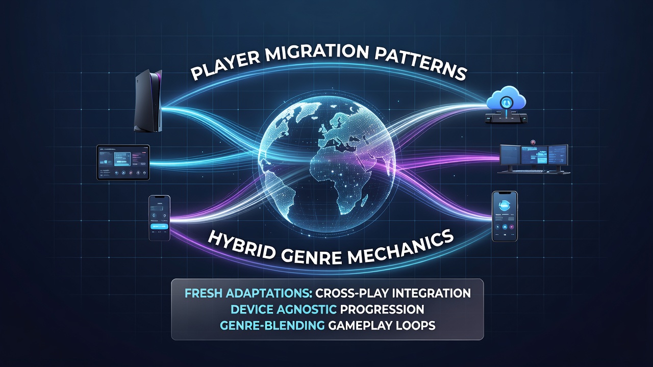 Graph depicting player migration flows between mobile, tablet and desktop devices alongside rising hybrid mechanic adoption rates in multiplayer titles