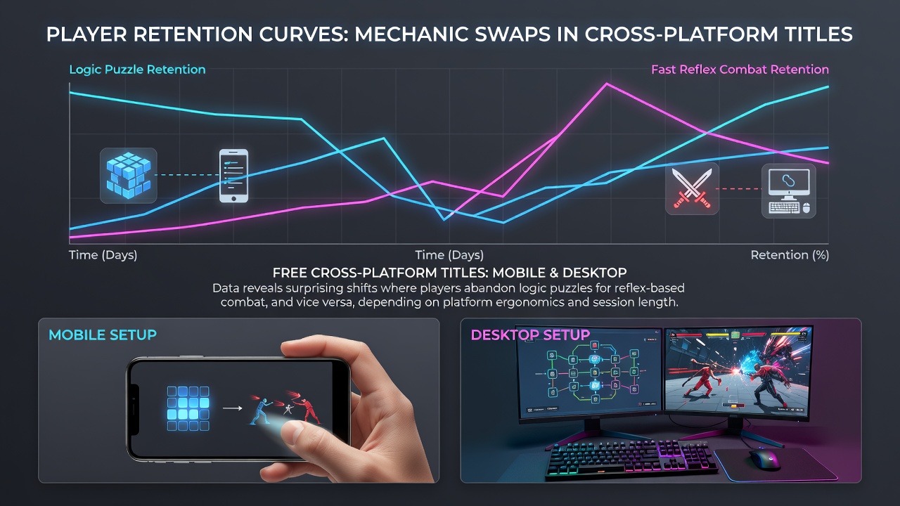 Graph showing player retention curves comparing logic puzzle and fast reflex combat mechanics across mobile and desktop platforms