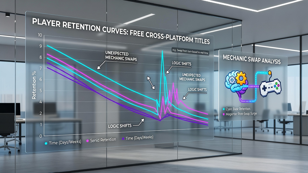 Illustration of mobile and desktop interfaces showing swapped logic puzzle and combat mechanics in a free cross-platform game