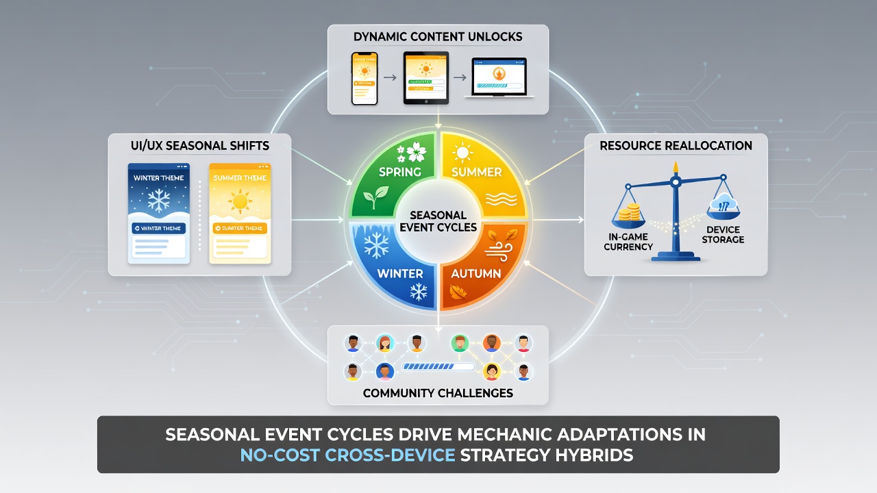 Seasonal events in free cross-device strategy games showing mechanic updates across mobile and desktop platforms