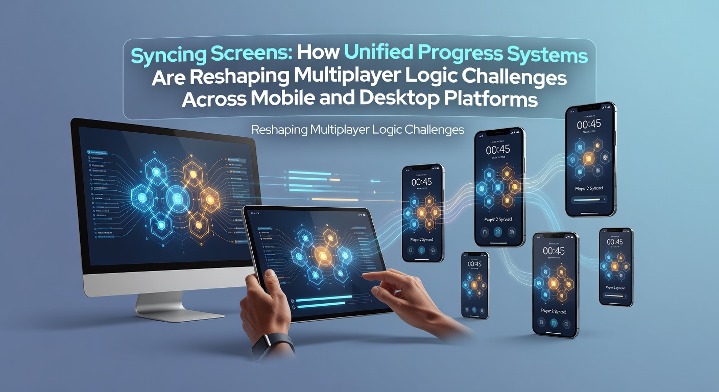 Cross-platform screen synchronization showing a multiplayer logic puzzle progressing identically on a smartphone and desktop monitor